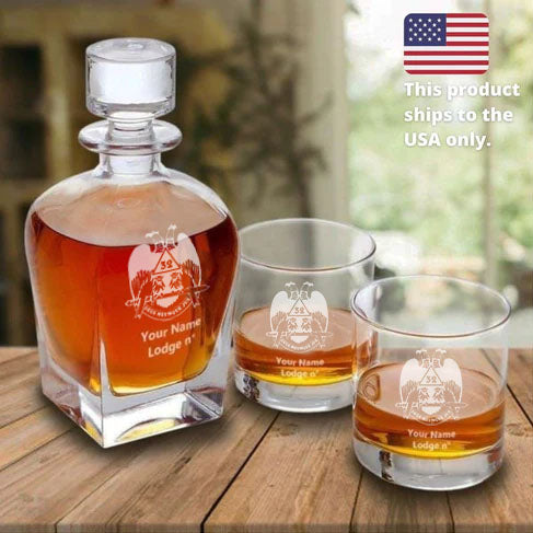 32nd Degree Scottish Rite Decanter - Wings Down Stopper & 2 Tumbler Glasses Set