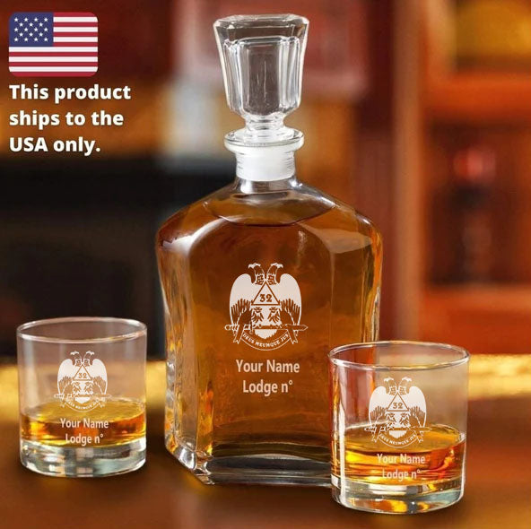 32nd Degree Scottish Rite Decanter - Wings Down 2 Whiskey Tumbler Glasses Set