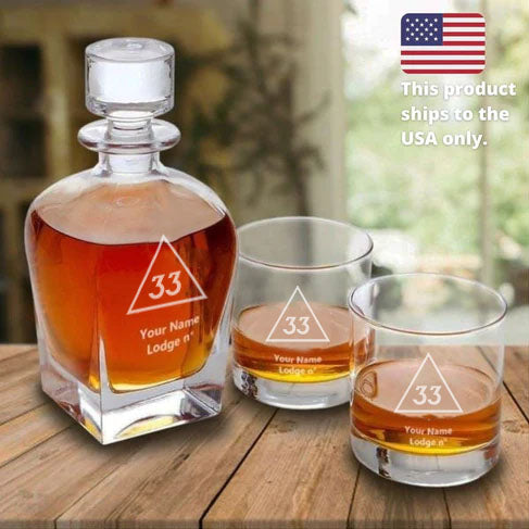 33rd Degree Scottish Rite  Decanter - Stopper & 2 Tumbler Glasses Set
