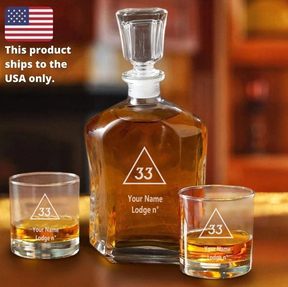 33rd Degree Scottish Rite Decanter - 2 Whiskey Tumbler Glasses Set