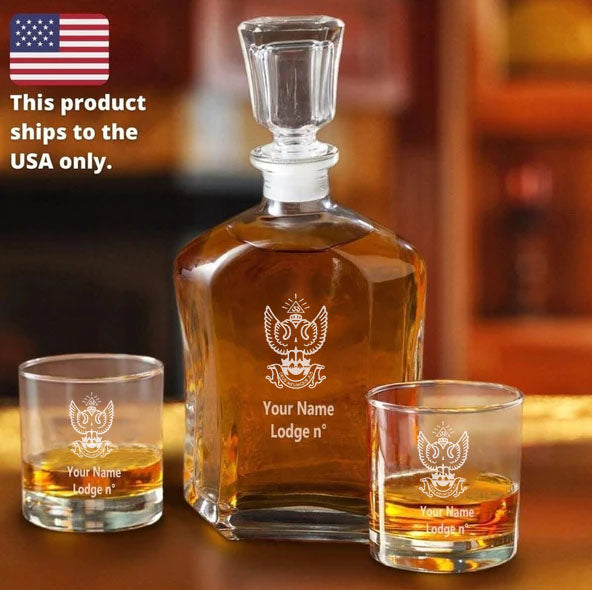 33rd Degree Scottish Rite Decanter - Wings Up 2 Whiskey Tumbler Glasses Set