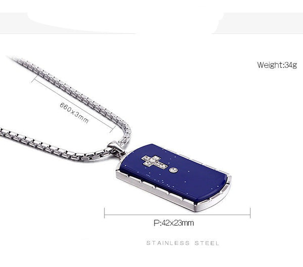 Knights Templar Commandery Necklace - Blue Stainless Steel With Diamond Cross - Bricks Masons