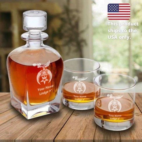 Shriners Decanter - Stopper & 2 Tumbler Glasses Set