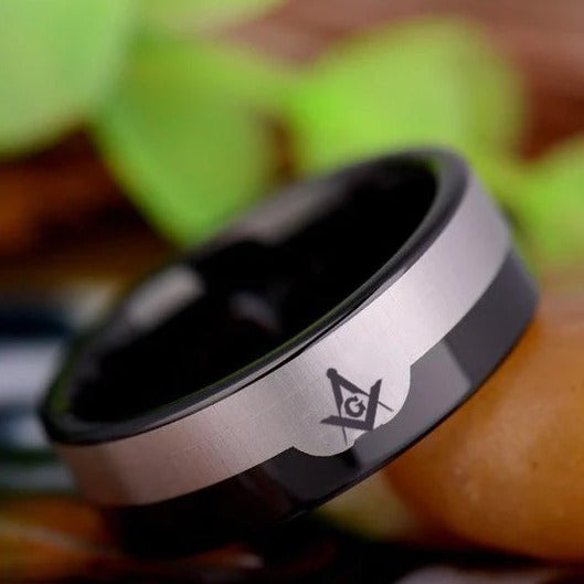 Master Mason Blue Lodge Ring - Black Silver Tungsten Personalizable