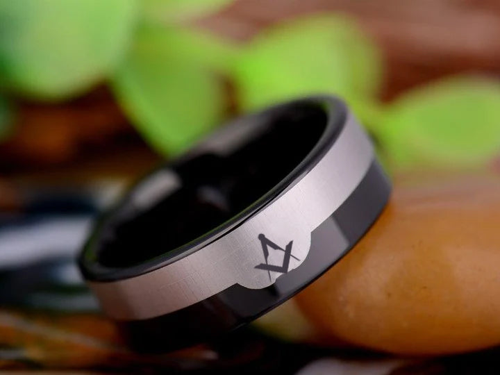 Master Mason Blue Lodge Ring - Black Silver Tungsten - Bricks Masons