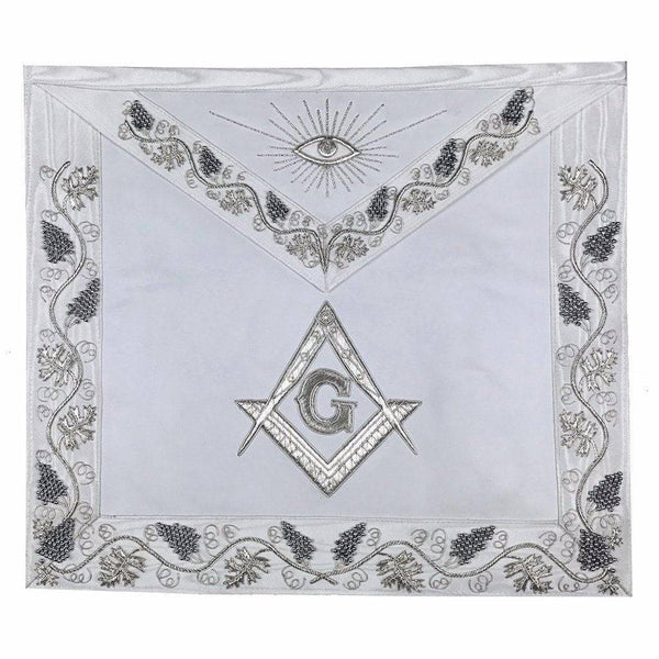 Master Mason Blue Lodge Apron - White Moire Ribbon with Silver Hand Embroidery