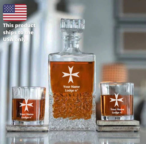 Order of Malta Commandery Decanter - 2 Tumbler Glasses Set