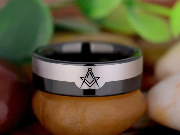 Master Mason Blue Lodge Ring - Black Silver Tungsten Personalizable - Bricks Masons