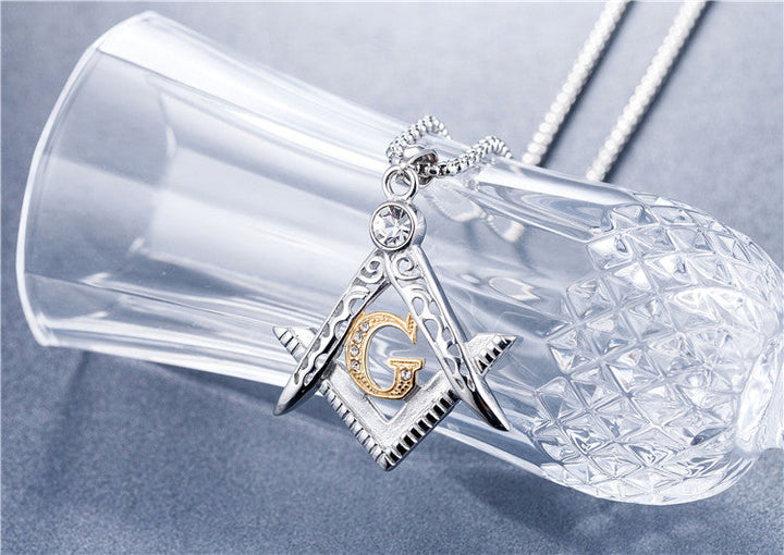 MASTER MASON BLUE LODGE NECKLACE - SILVER & GOLD ALL CRYSTAL SQUARE & COMPASS G - Bricks Masons