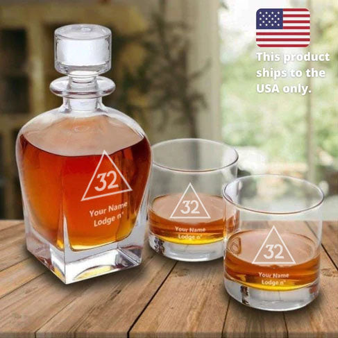 32nd Degree Scottish Rite Decanter - Stopper & 2 Tumbler Glasses Set