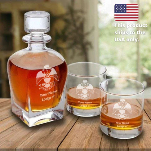 33rd Degree Scottish Rite  Decanter - Wings Down Stopper & 2 Tumbler Glasses Set