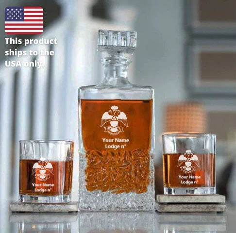 33rd Degree Scottish Rite Decanter - Wings Down 2 Tumbler Glasses Set