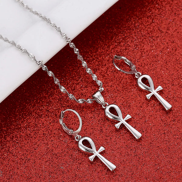 Ancient Egypt Necklace - With Silver Ankh Cross Earrings Set