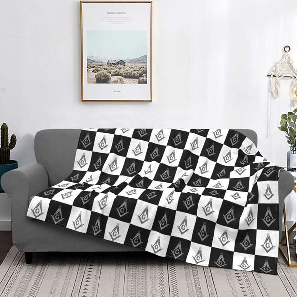 Master Mason Blue Lodge Blanket - Checkered Square and Compass G Coral Fleece - Bricks Masons