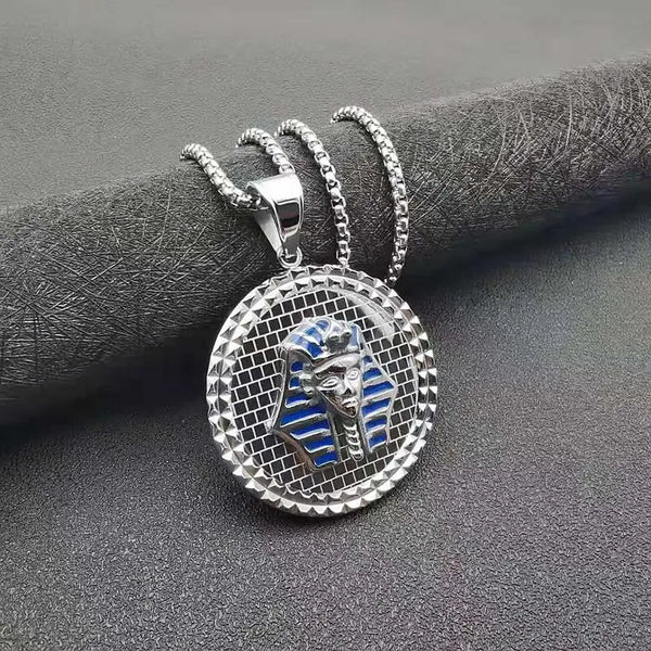 Ancient Egypt Pendant - Silver & Blue Zinc Alloy Pharaoh With Round Shape