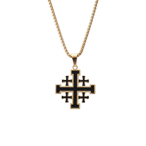 Knights Templar Commandery Necklace - Gold Stainless Steel With Black Jerusalem Cross