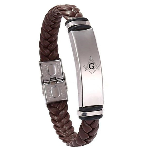 Master Mason Blue Lodge Bracelet - Square & Compass G Brown Leather Rope Weaving - Bricks Masons
