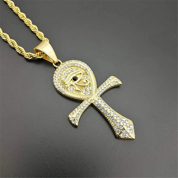 Ancient Egypt Necklace - Ankh Cross Stainless Steel With Rhinestones