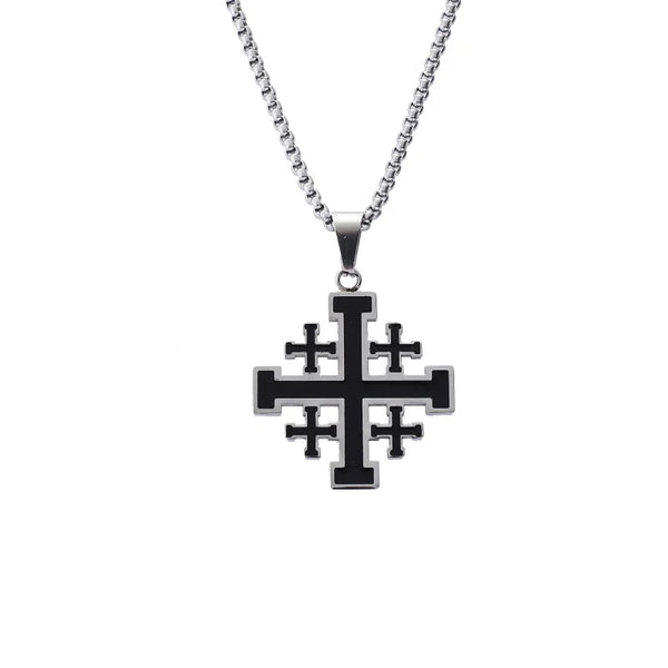 Knights Templar Commandery Necklace - Stainless Steel Black Jerusalem Cross Silver