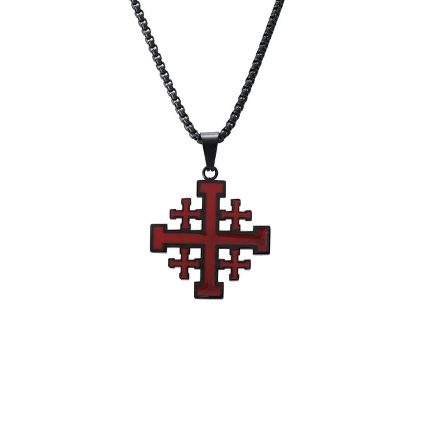 Knights Templar Commandery Necklace - Stainless Steel Red Jerusalem Cross