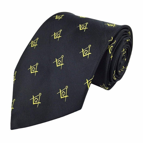 Master Mason Blue Lodge Necktie - Black & Gold Silk Square & Compass G