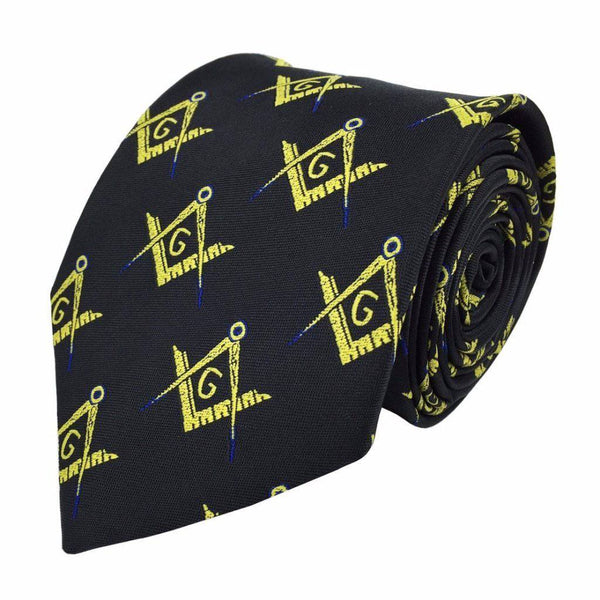 Master Mason Blue Lodge Necktie - Black & Gold Silk Machine Embroidery