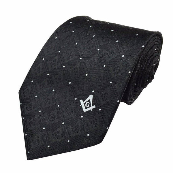 Master Mason Blue Lodge Necktie - Black with Polkadot Square & Compass G