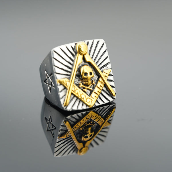 Widows Sons Ring - Silver And Gold Square & Compass With Skull Inside