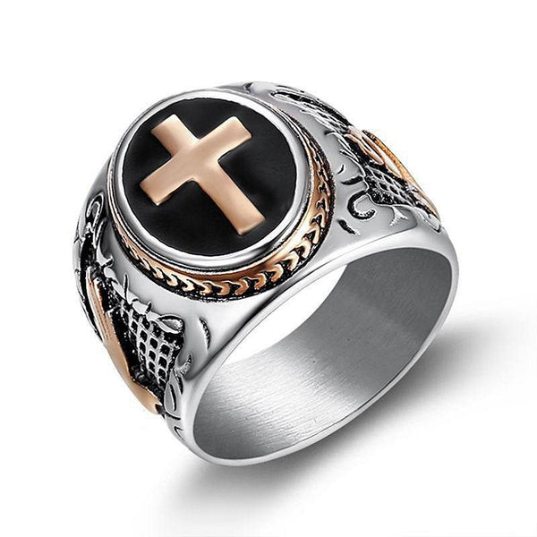 Knights Templar Commandery Ring - Silver & Black With Rose Gold Cross Signet