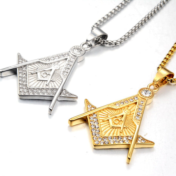 Master Mason Blue Lodge Necklace - Silver & Gold Double Square And Compass G