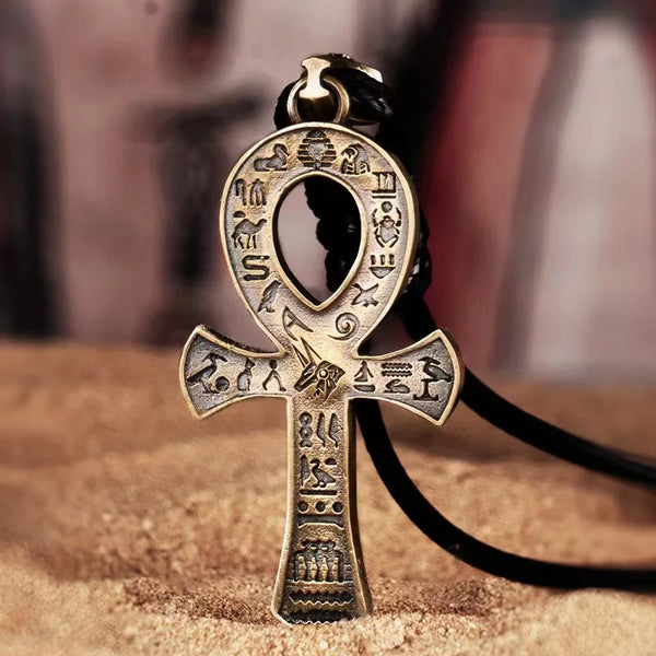 Ancient Egypt Pendant - Ankh Cross & Hieroglyphs Stainless Steel