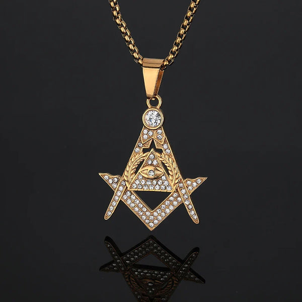 Master Mason Blue Lodge Necklace - Eye Of Providence Iced Out Gold Color Stainless Steel