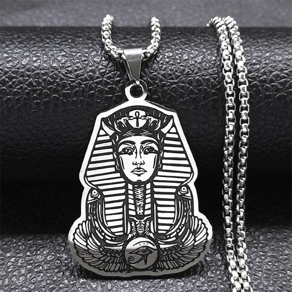 Ancient Egypt Necklace - Silver Stainless Steel Pharaoh Portrait
