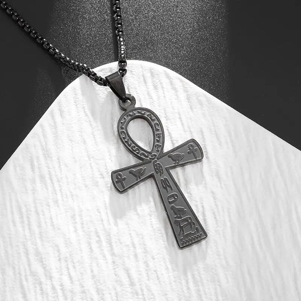 Ancient Egypt Pendant - Black Ankh Cross With Hieroglyphs