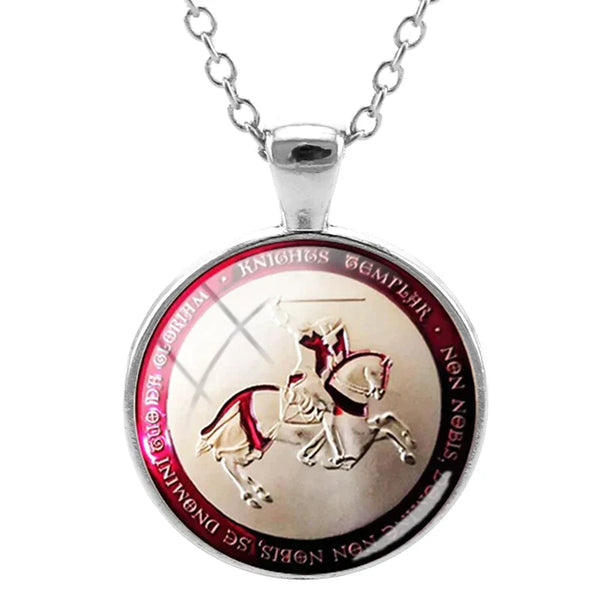 Knights Templar Commandery Necklace - Red & Beige Glass Cabochon Pendant