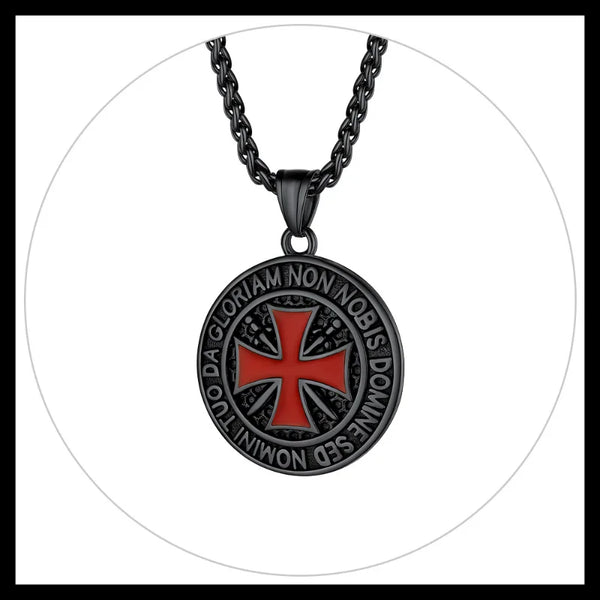 Knights Templar Commandery Necklace - Black Stainless Steel Round Pendant With Red Cross