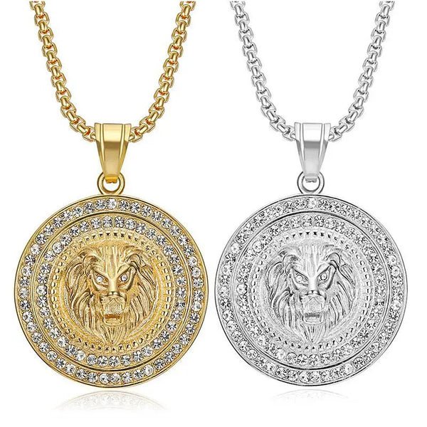 Ancient Israel Necklace - Stainless Steel Lion Head With Rhinestones