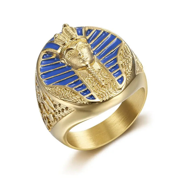 Ancient Egypt Ring - Gold & Blue Plated Pharaoh Design Stainless Steel