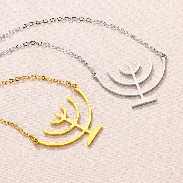 Ancient Israel Necklace - Gold & Silver Plated Stainless Steel Menorah Shape Pendant