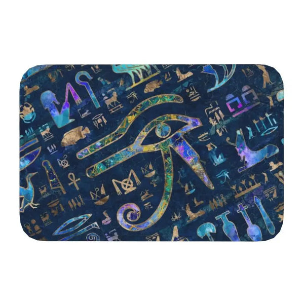 Ancient Egypt Mat - Blue Eye Of Horus Design With Hieroglyphs Waterproof Polyester