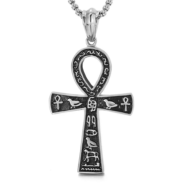 Ancient Egypt Pendant - Stainless Steel Ankh With Hieroglyphs