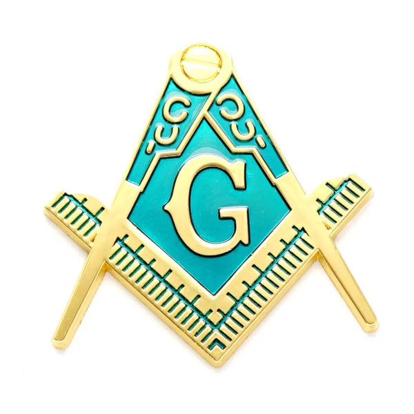 Master Mason Blue Lodge Car Emblem - Gold & Green Alloy