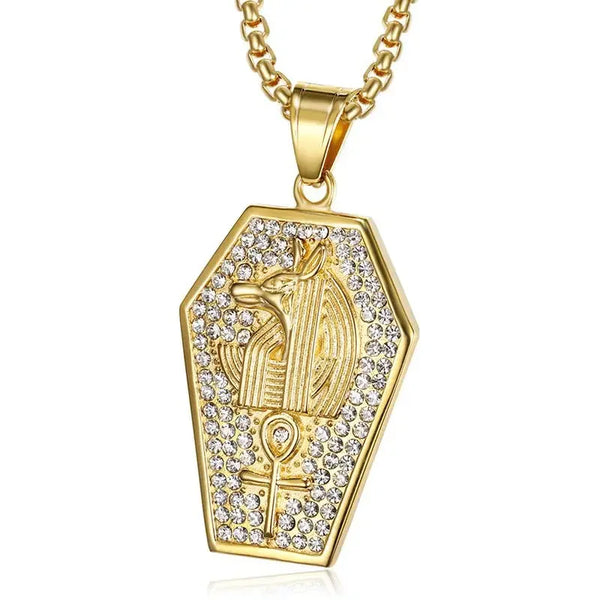 Ancient Egypt Necklace - Stainless Steel With Rhinestones Ankh Cross & Anubis
