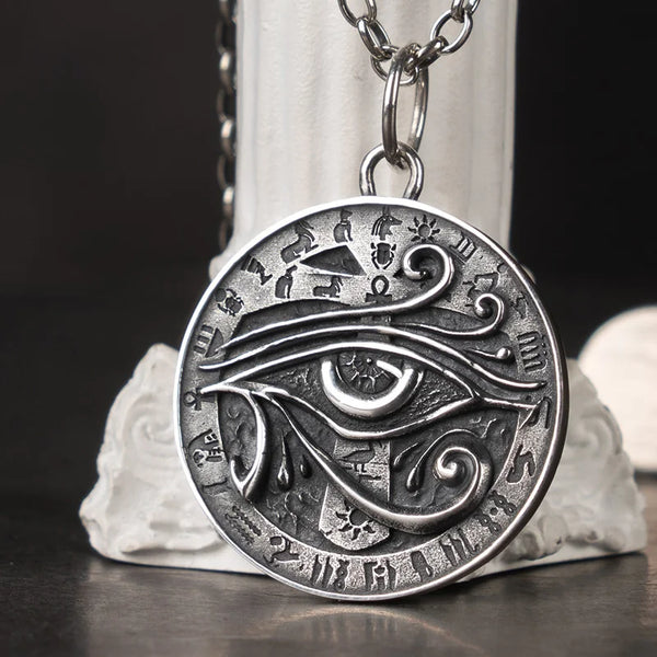 Ancient Egypt Necklace - Sterling Silver Round Pendant Eye of Horus with Hieroglyhs