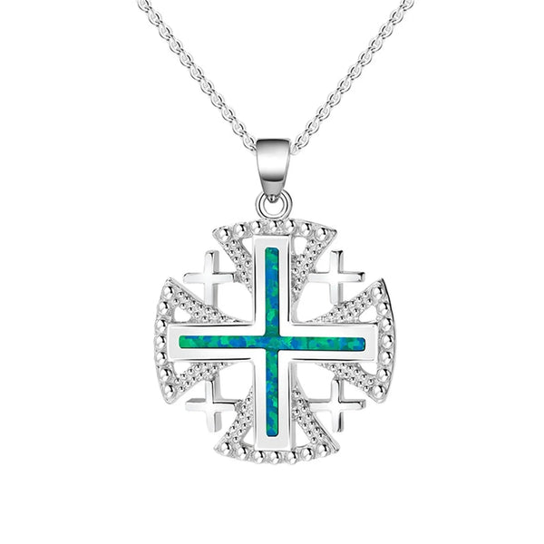 Knights Templar Commandery Necklace - Jerusalem Cross Green Opal Sterling Silver