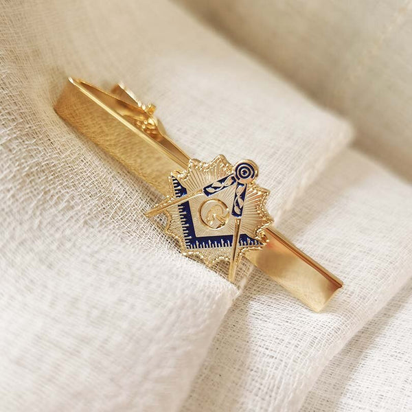 Master Mason Blue Lodge Tie Clip - Gold With Flaming Square and Compass G