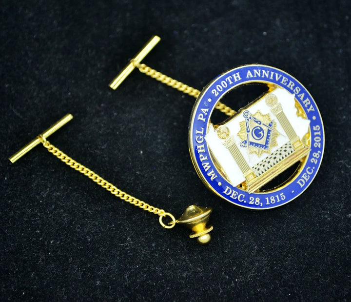 Master Mason Blue Lodge Lapel Pin - Blue & Gold 200th Anniversary Solomon's Temple Badge - Bricks Masons