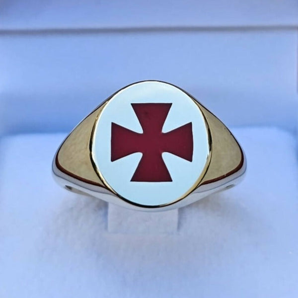 Knights Templar Commandery Ring - 9K Gold With Red Enamel - Bricks Masons