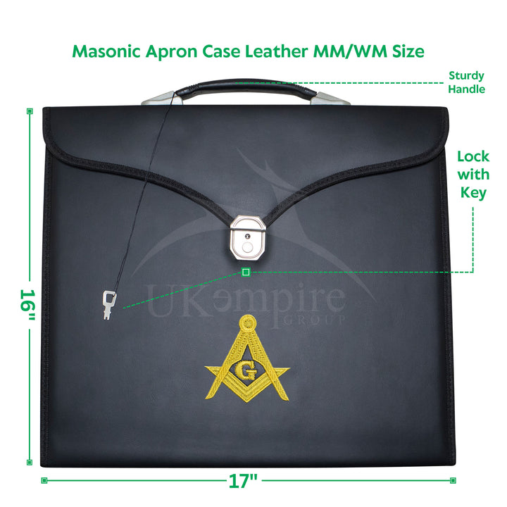 Masonic Apron Master Mason Case Black Leather Single Handle – Gold Embroidery