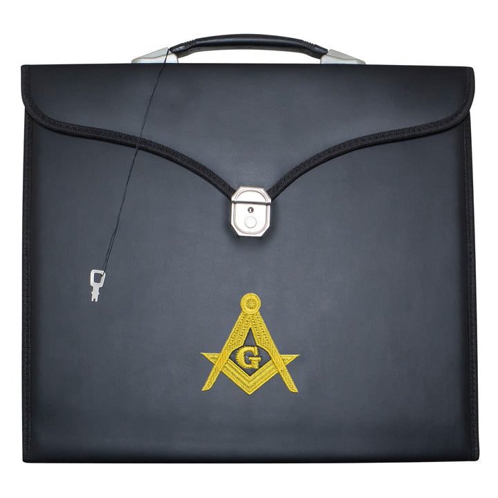 Masonic Apron Master Mason Case Black Leather Single Handle – Gold Embroidery